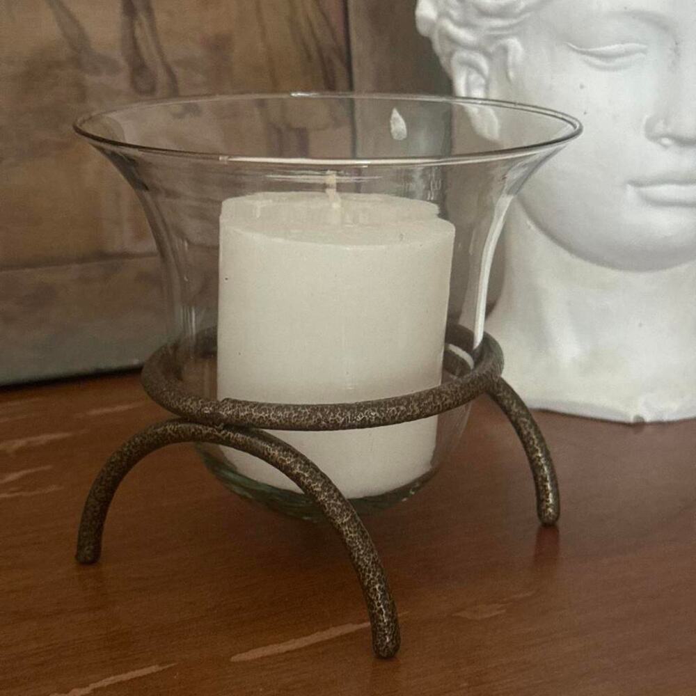 Textured rustic iron look stand glass hurricane candle holder- rustic